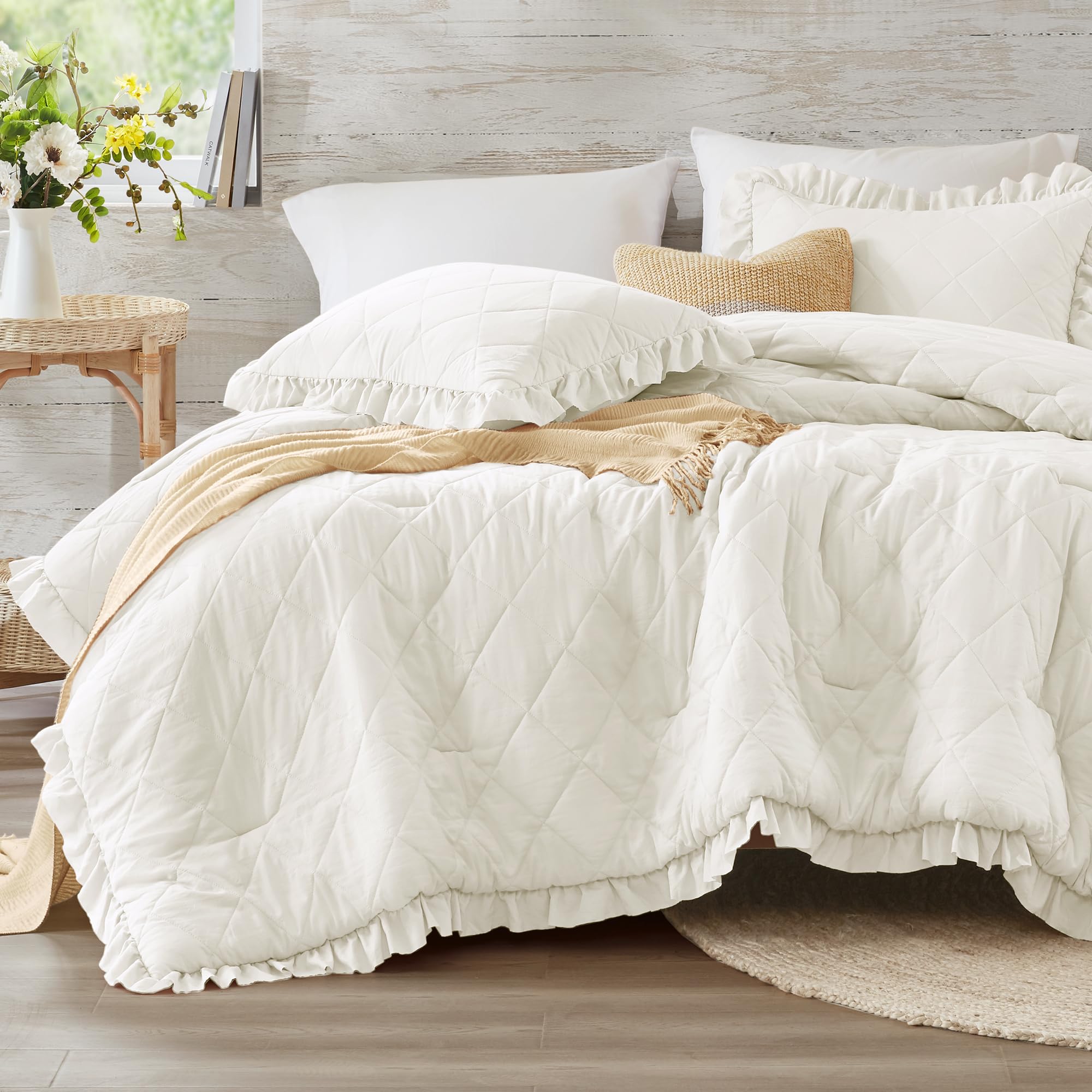 Ivory White Ruffle Bedding Set, Shabby Chic Farmhouse Queen Size Comforter For Women, Boho Fluffy Cozy Washed Microfiber Full Be